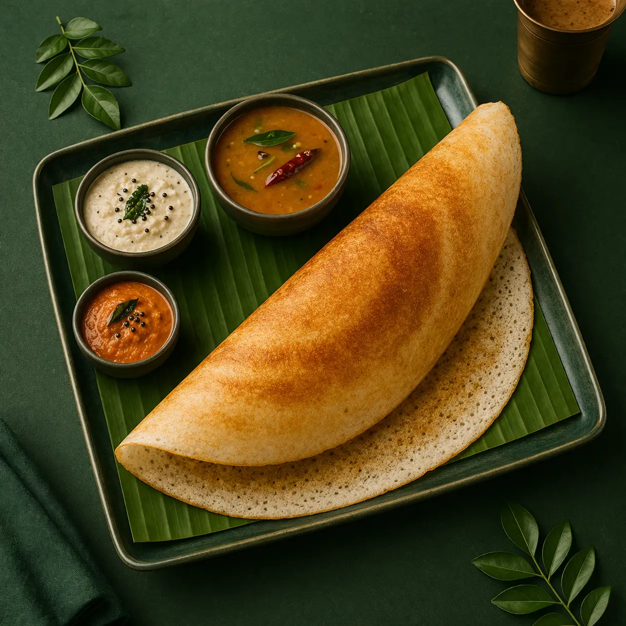 Crispy dosa platter served with coconut chutney and sambar - authentic South Indian food