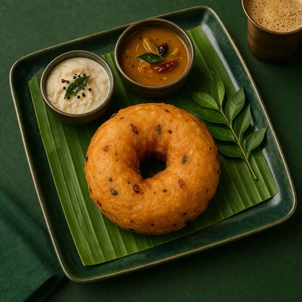 South Indian vada served with sambar and coconut chutney - crispy lentil breakfast snack