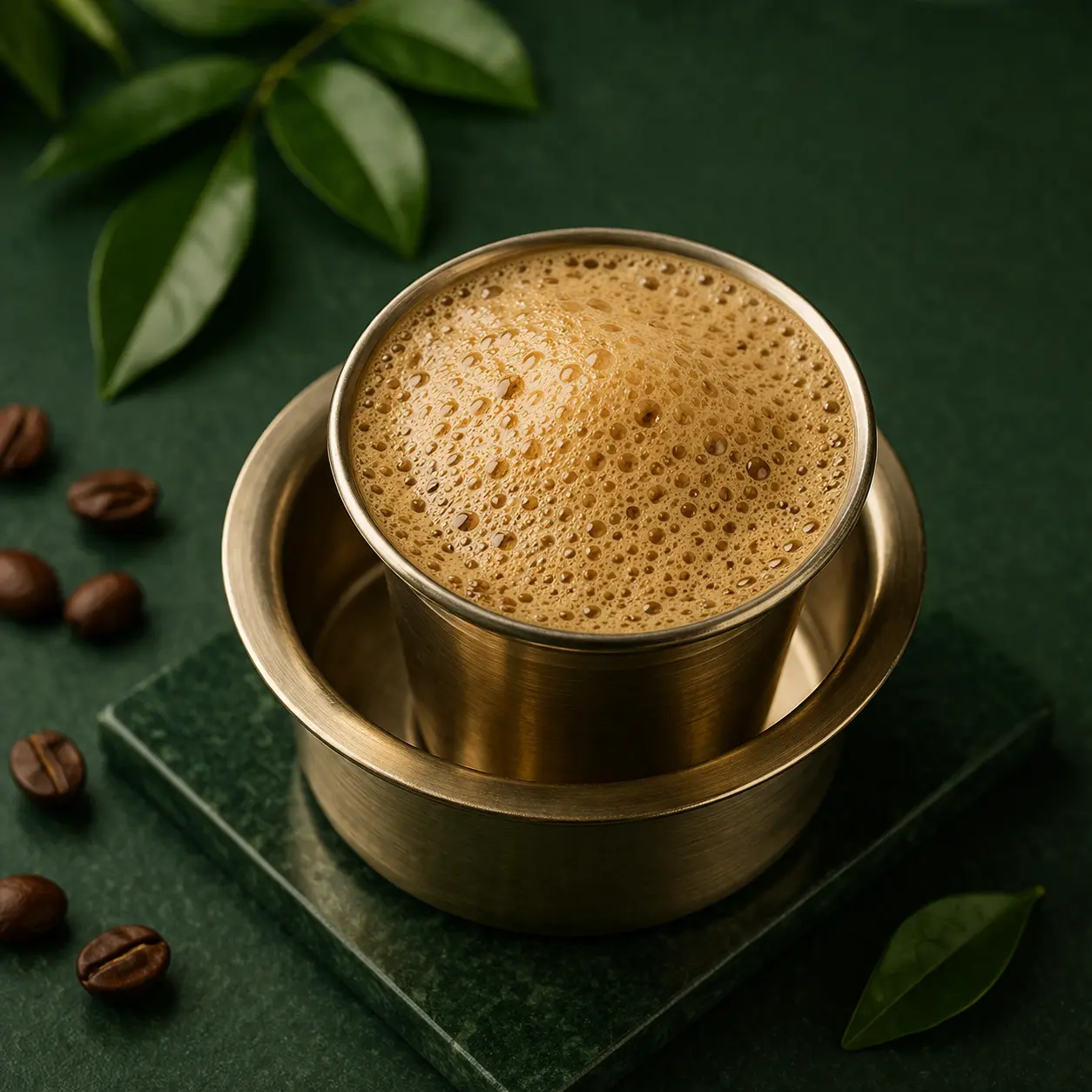 South Indian filter coffee served in traditional tumbler with frothy milk - authentic filter kaapi